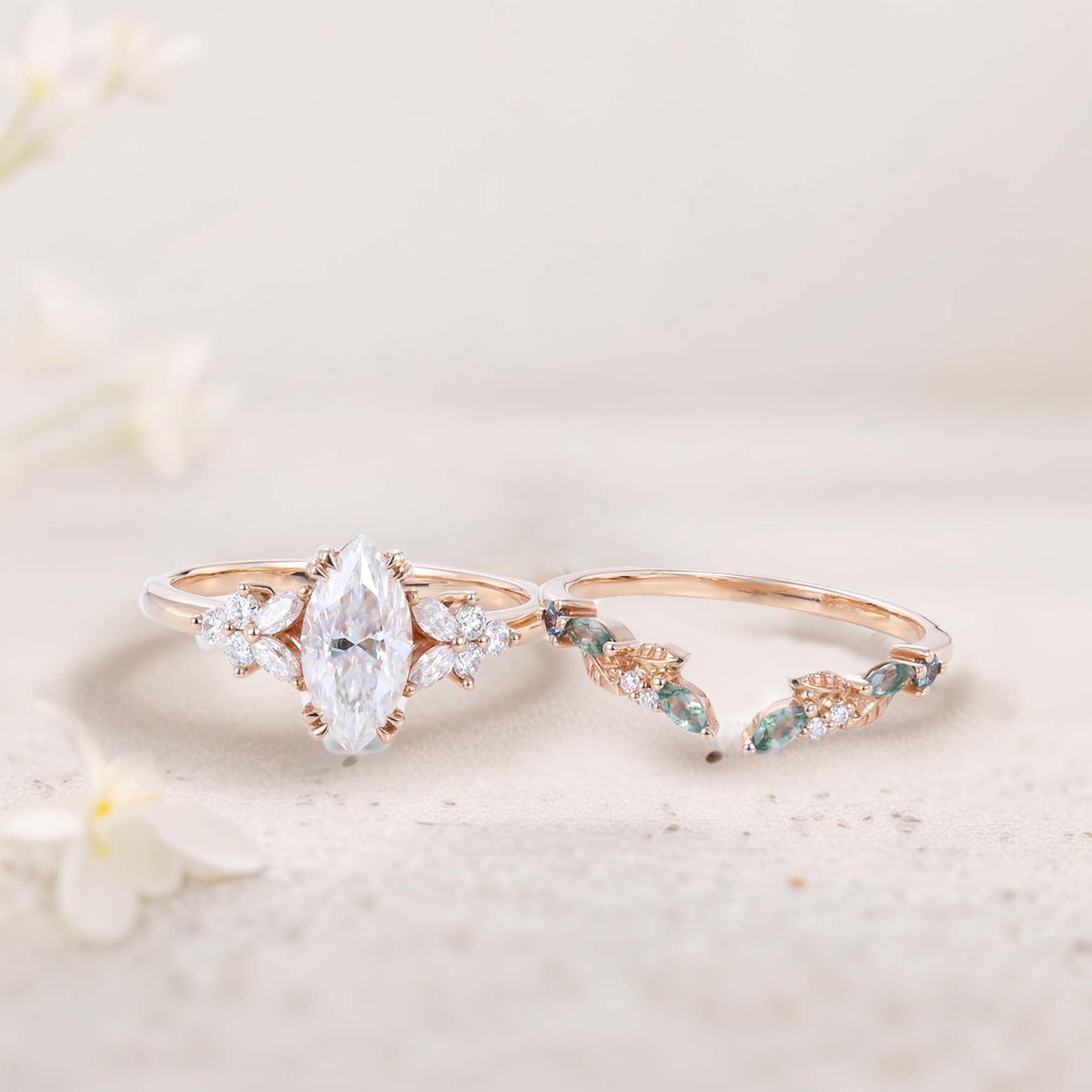 Vintage Marquise Moissanite 18K Rose Gold Engagement ring set Cluster shank leaf Bridal Set