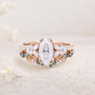 Vintage Marquise Moissanite 18K Rose Gold Engagement ring set Cluster shank leaf Bridal Set