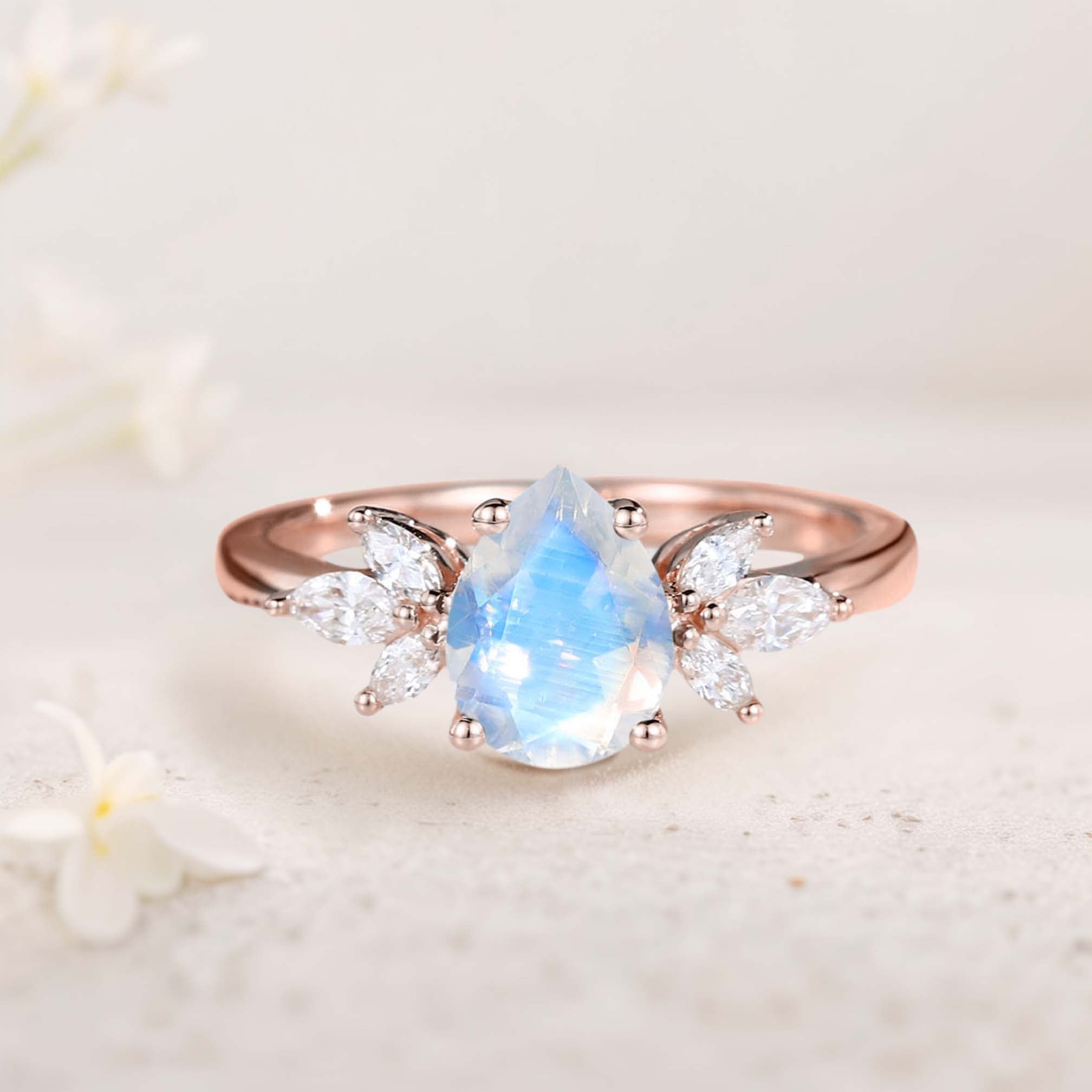 Unique Pear Lab Moonstone 18K Rose Gold Engagement Ring Simple Cluster Bridal Ring