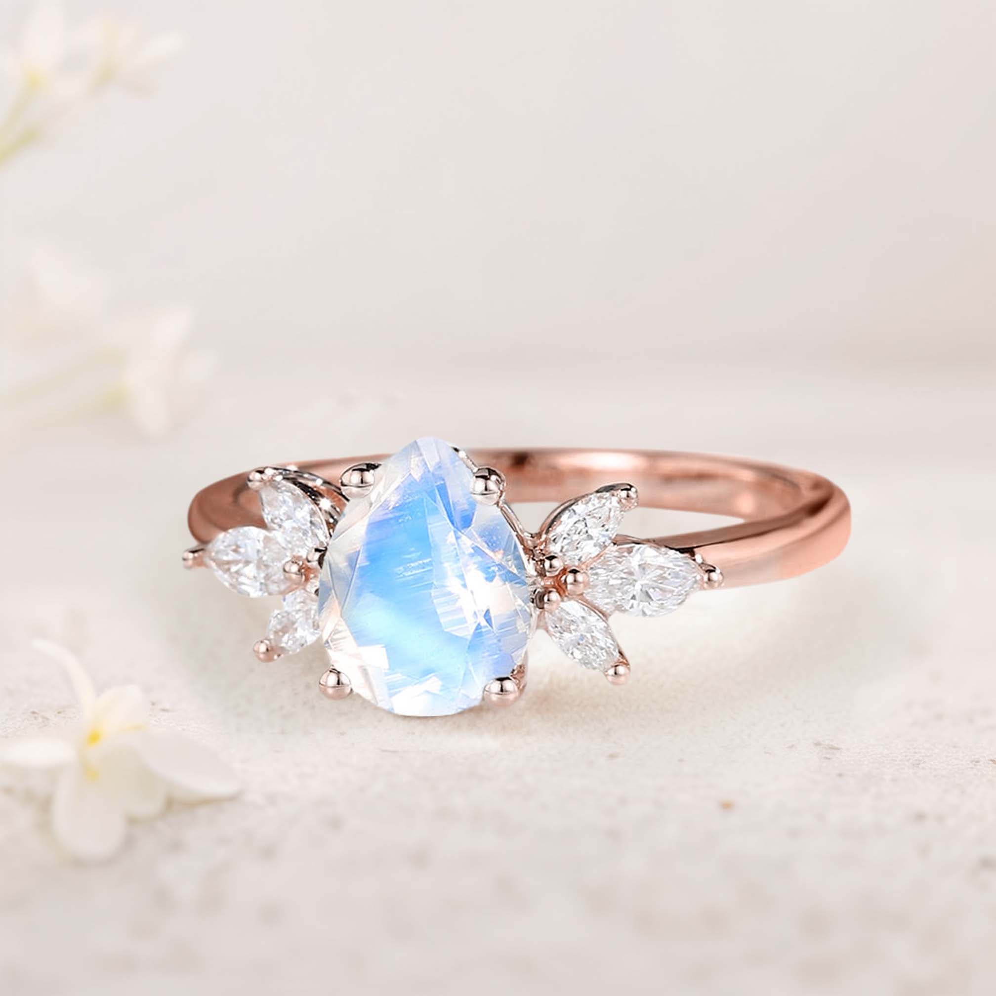 Unique Pear Lab Moonstone 18K Rose Gold Engagement Ring Simple Cluster Bridal Ring