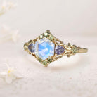 Unique floral engagement rings Three Stone Hexagon Lab Moonstone and Blue sapphire 18K Yellow Gold Leaf Ring