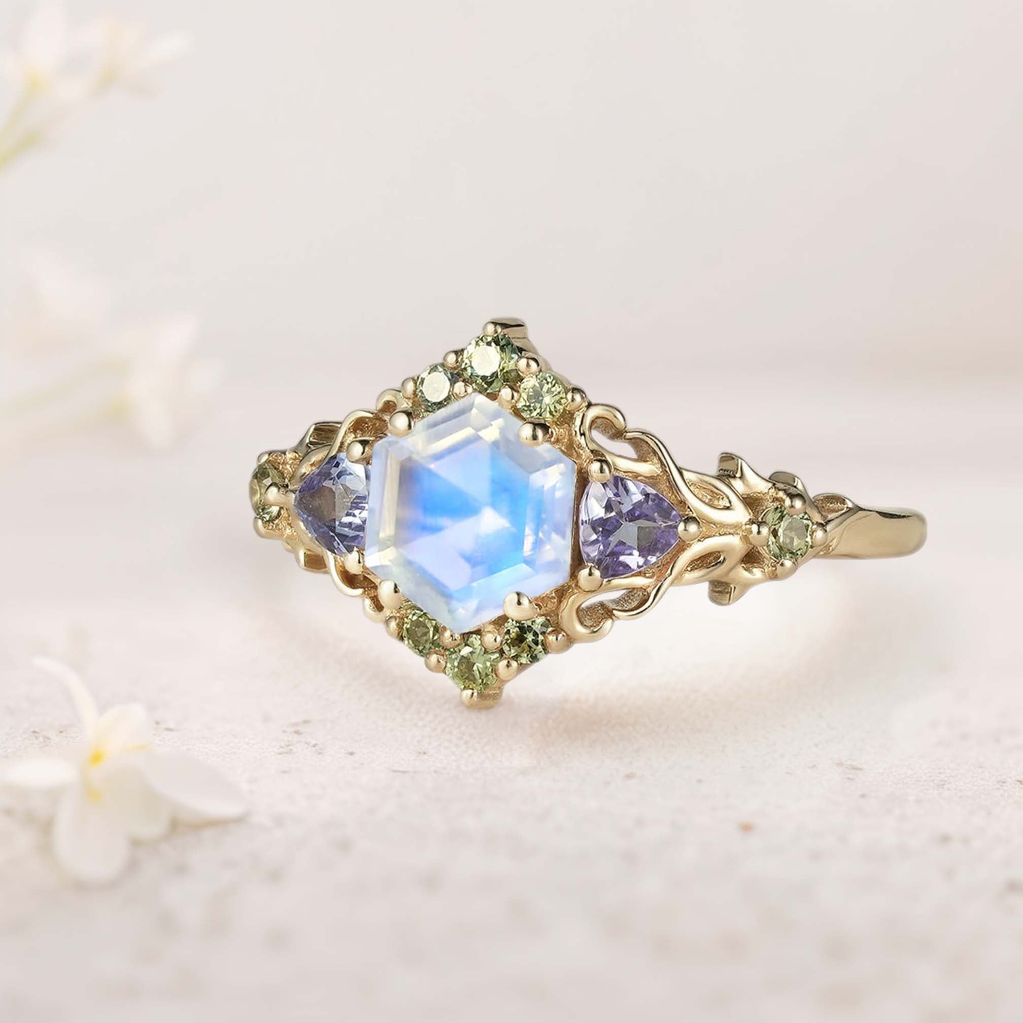 Unique floral engagement rings Three Stone Hexagon Lab Moonstone and Blue sapphire 18K Yellow Gold Leaf Ring