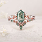 Vintage Nature Hexagon Cut Moss Agate Five Stone 18K Rose Gold Ring Set