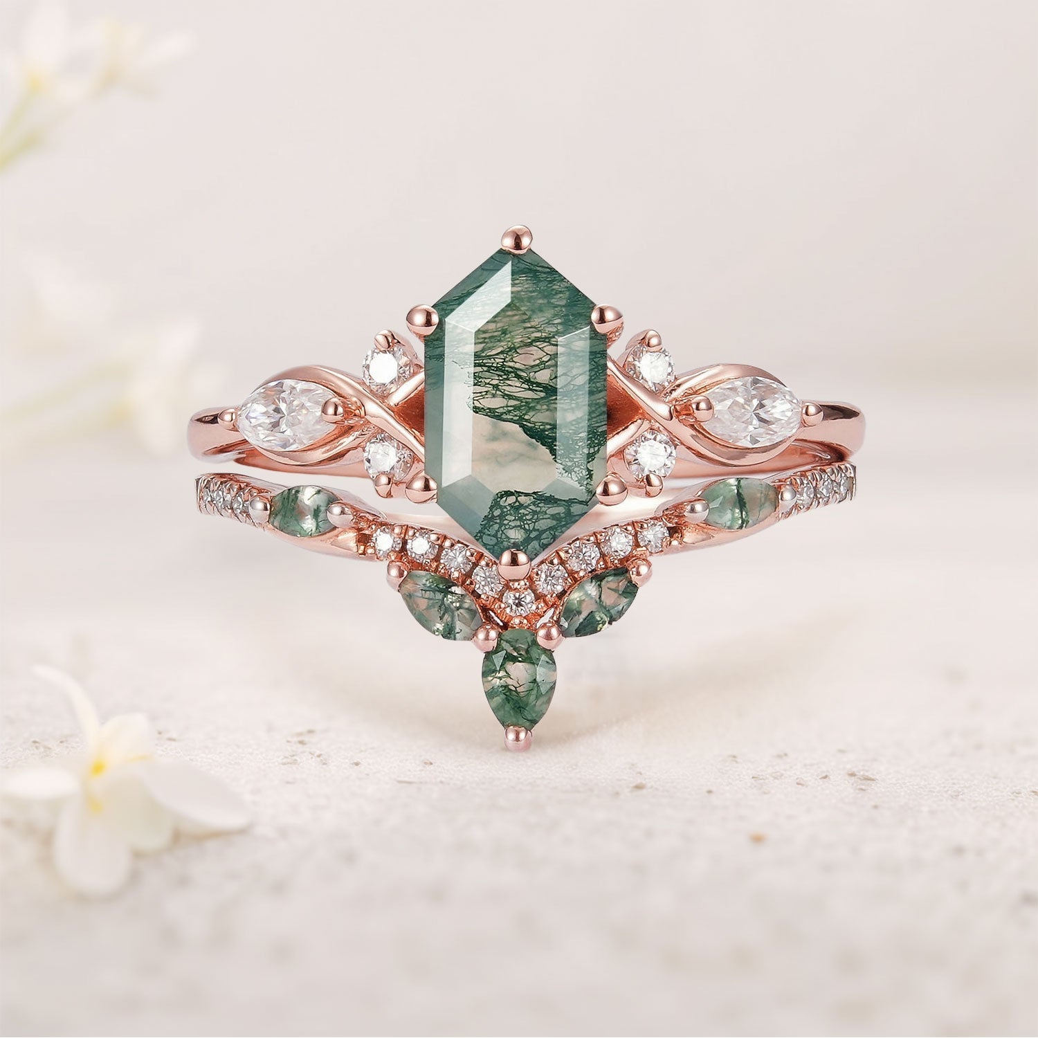 Vintage Nature Hexagon Cut Moss Agate Five Stone 18K Rose Gold Ring Set