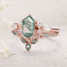 Vintage Nature Hexagon Cut Moss Agate Five Stone 18K Rose Gold Ring Set