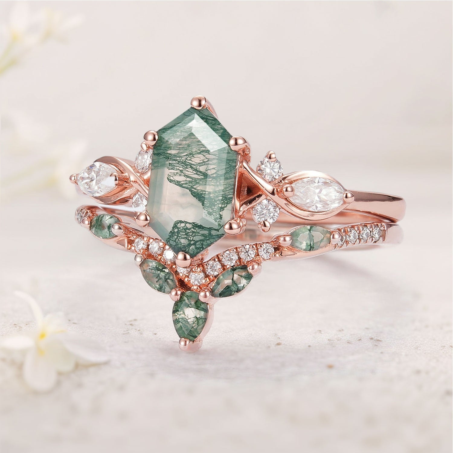 Vintage Nature Hexagon Cut Moss Agate Five Stone 18K Rose Gold Ring Set
