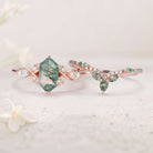 Vintage Nature Hexagon Cut Moss Agate Five Stone 18K Rose Gold Ring Set