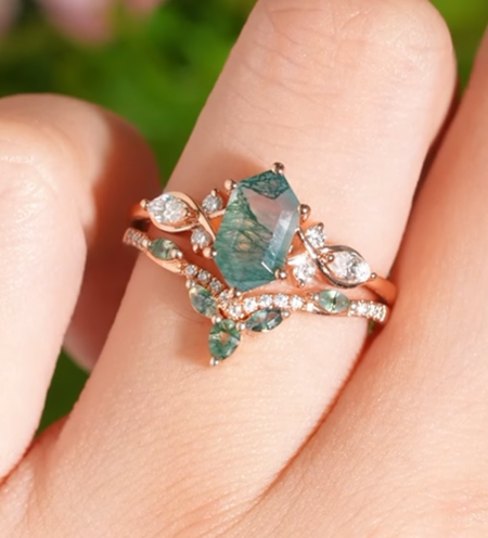 Vintage Nature Hexagon Cut Moss Agate Five Stone 18K Rose Gold Ring Set