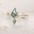 Unique floral engagement rings Twin Flames Kite Moss Agate 18K Yellow Gold Wedding Ring Set
