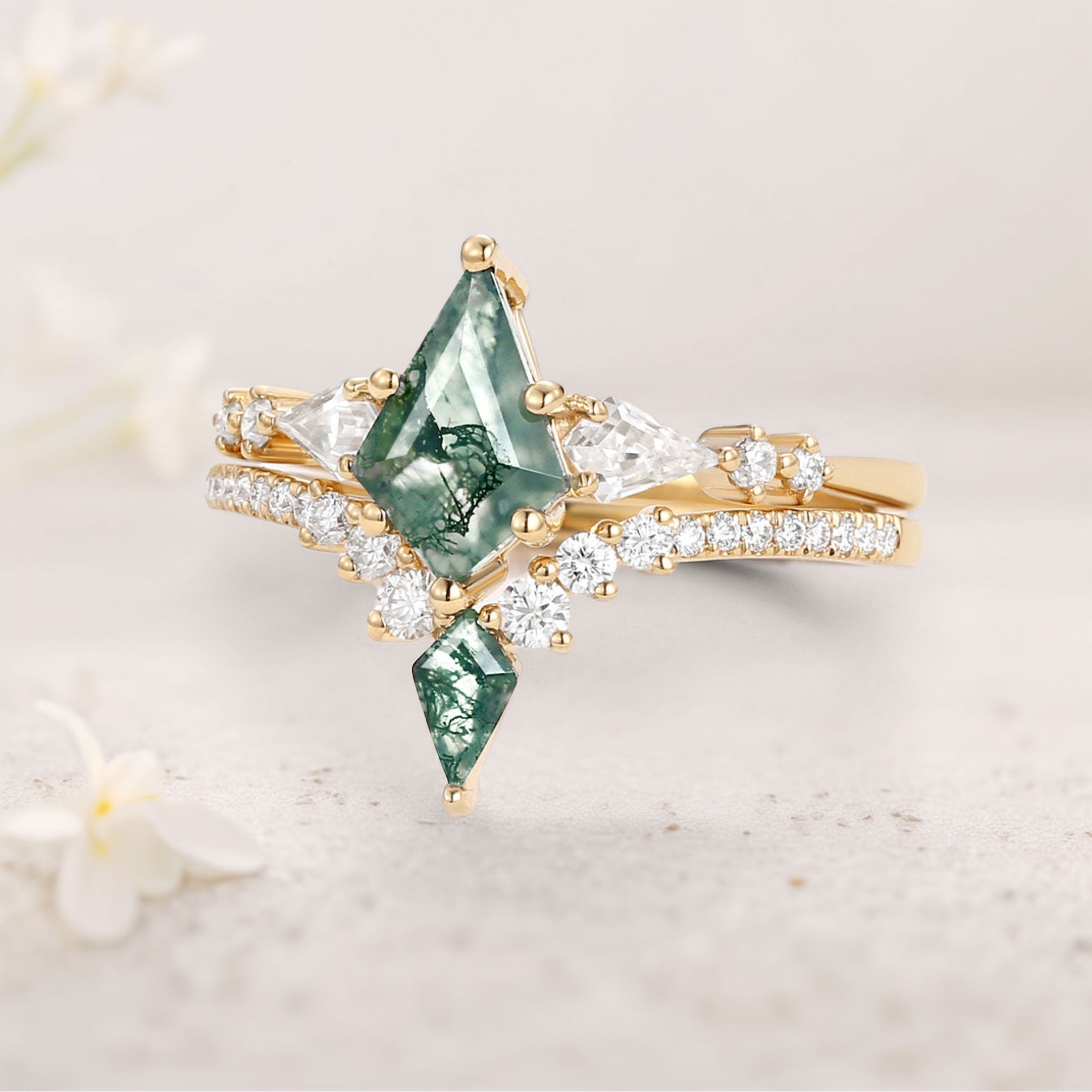Unique floral engagement rings Twin Flames Kite Moss Agate 18K Yellow Gold Wedding Ring Set