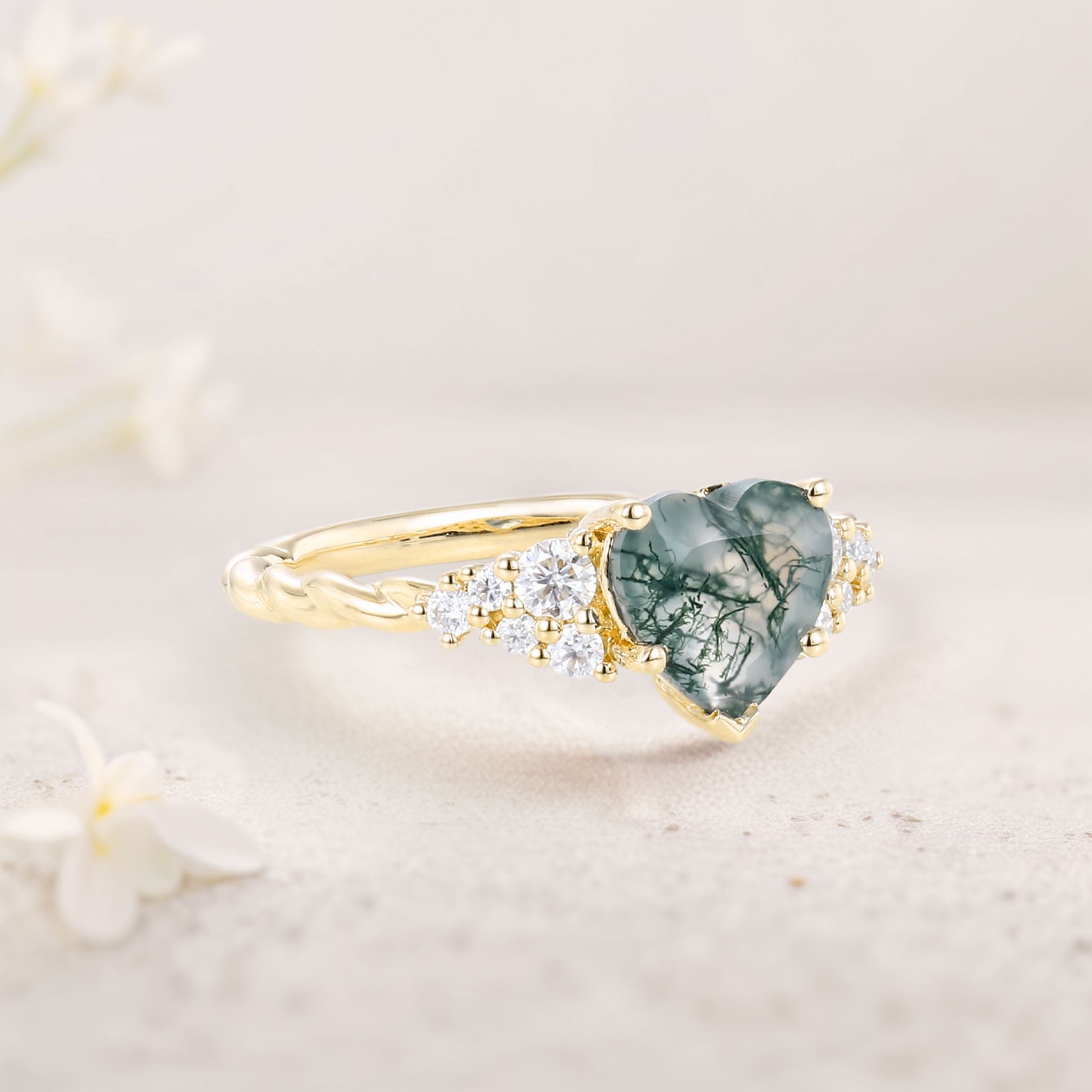 Unique Heart Cut Moss Agate Cluster 18K Yellow Gold Engagement Ring Twisted Promise Ring