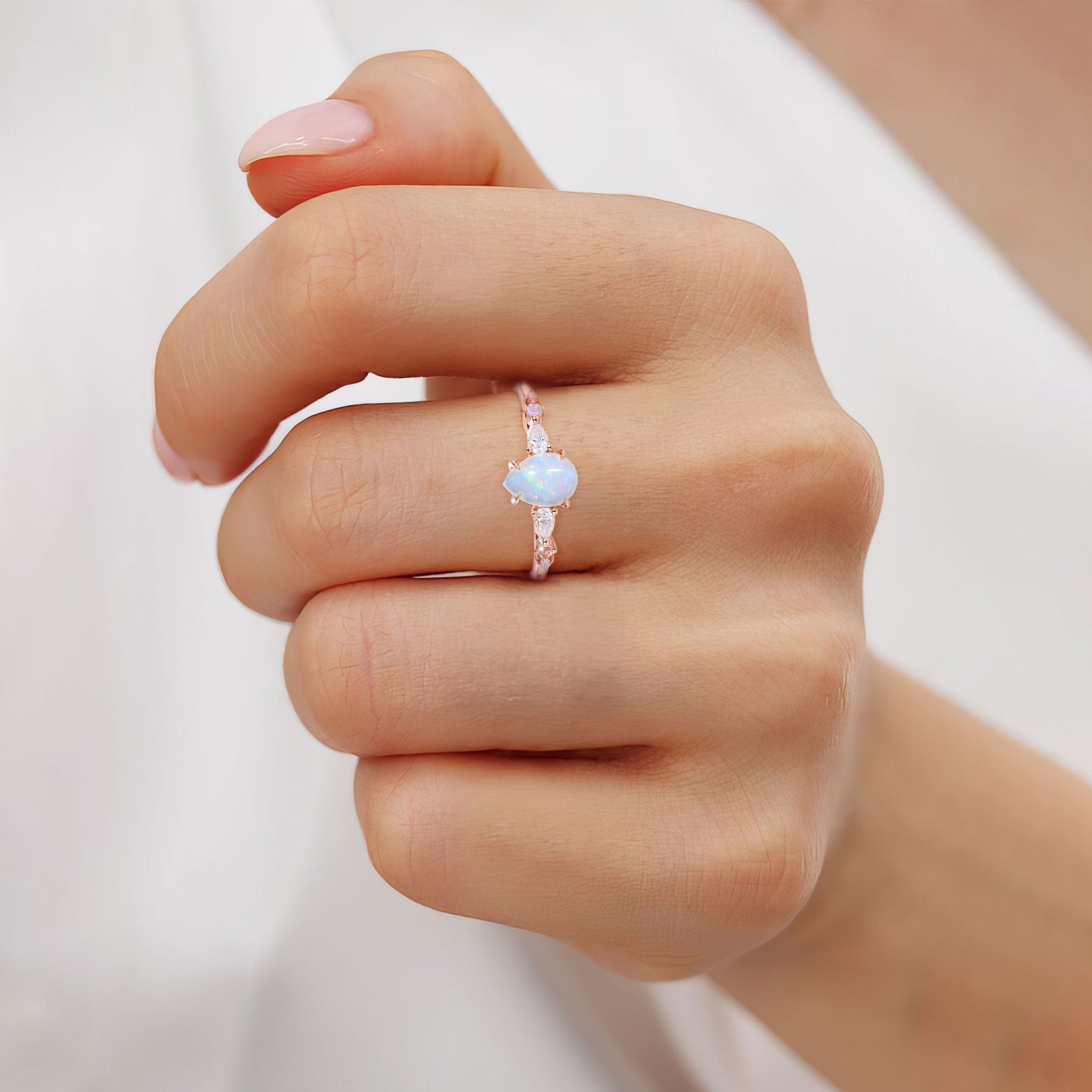 Vintage Pear Lab Opal and Moissanite 18K Rose Gold Engagement Ring