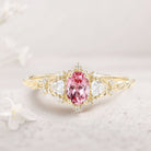 Classic Briar Rose Oval Pink Lab Padparadscha Olive Leaves 18K Yellow Gold Engagement Ring Fairy Ring