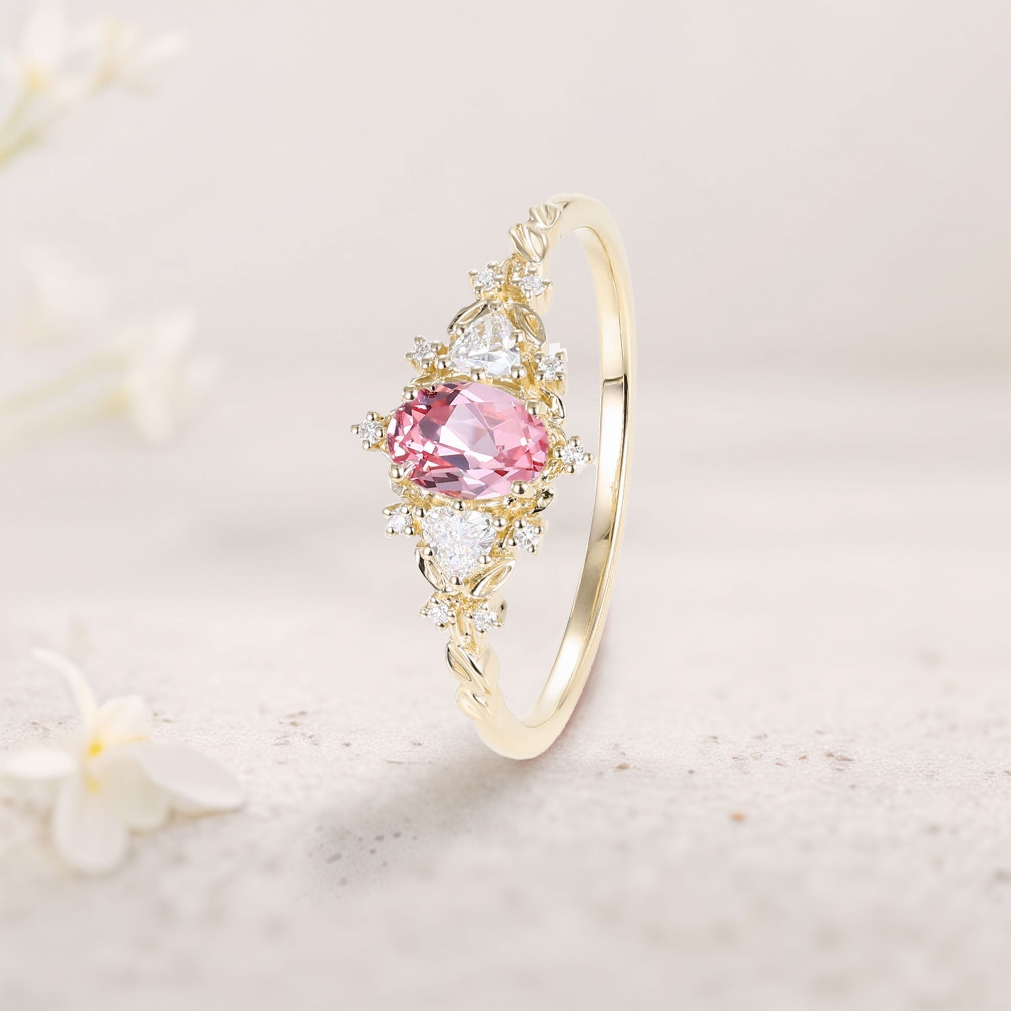 Classic Briar Rose Oval Pink Lab Padparadscha Olive Leaves 18K Yellow Gold Engagement Ring Fairy Ring