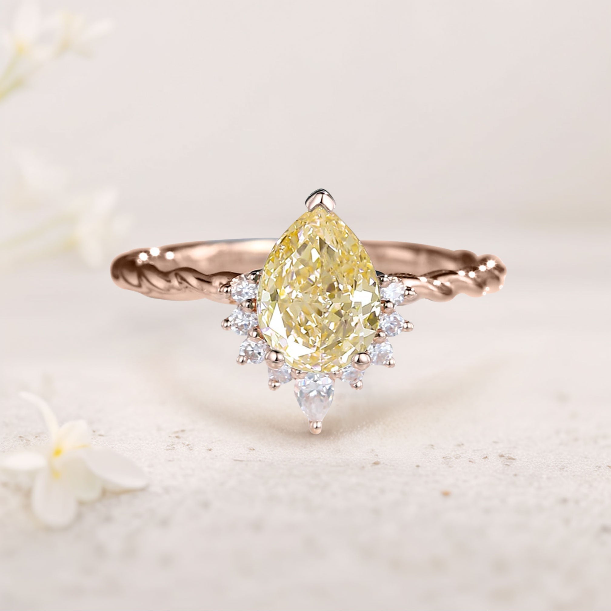 Vintage Pear Citrine Twisted 18K Rose Gold Women's Wedding Ring