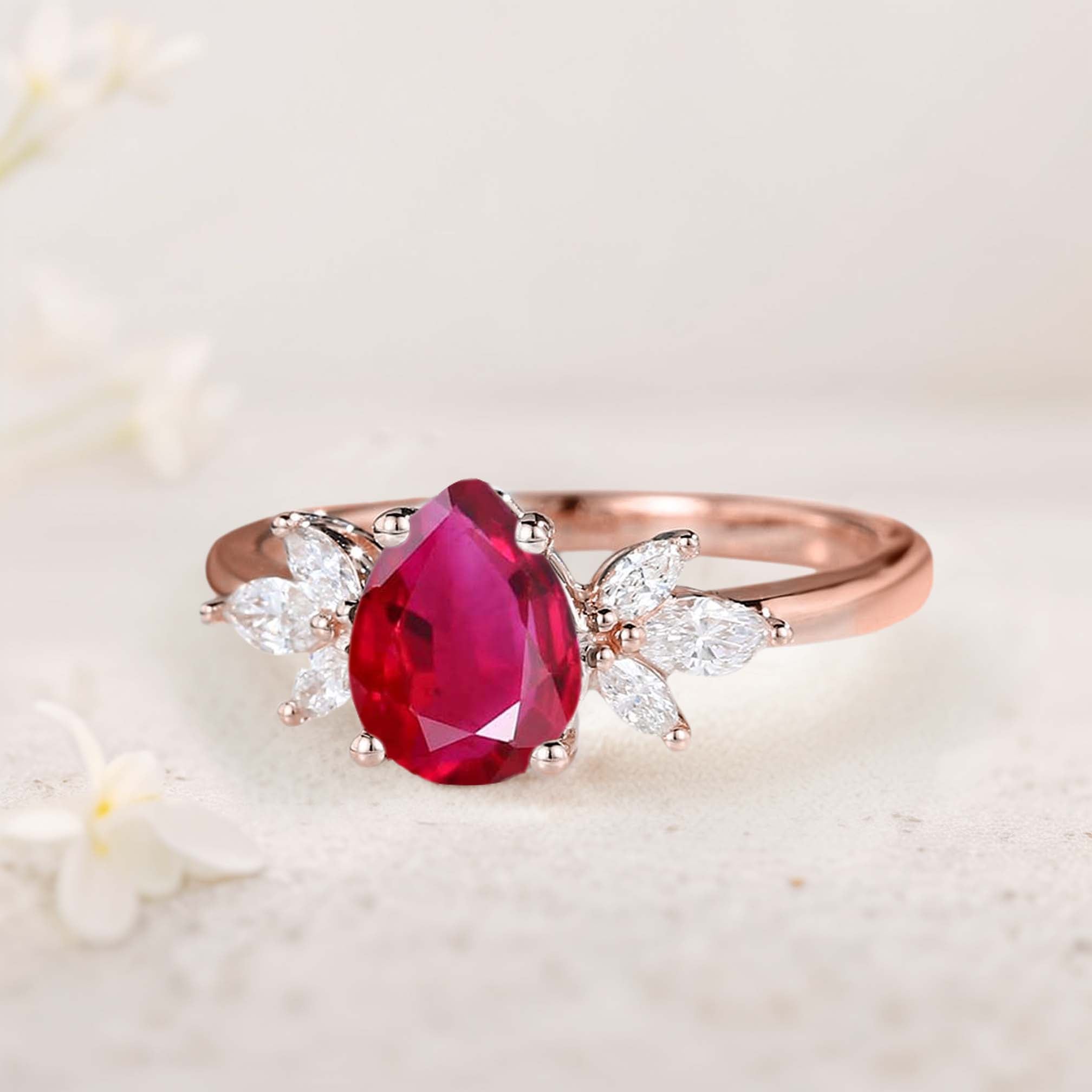 Unique Pear Lab Ruby 18K Rose Gold Engagement Ring Simple Cluster Bridal Ring