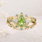Unique floral engagement rings Pear Peridot Engagement Ring Set Emerald Cluster Leaf 18K Yellow Gold Wedding Ring Set