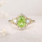 Unique Pear Peridot and Moissanite side stones Leaf Ring 18K Yellow Gold Engagement Ring