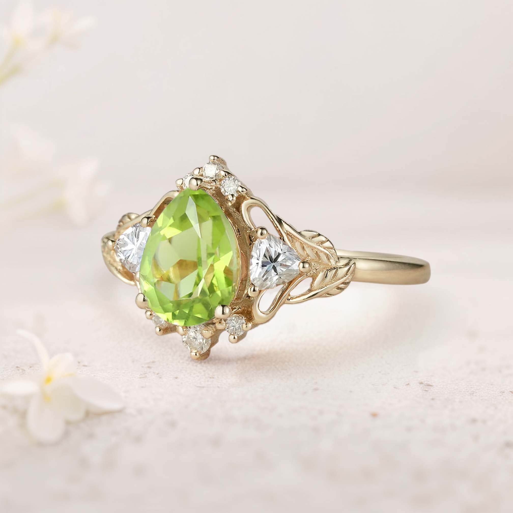 Unique Pear Peridot and Moissanite side stones Leaf Ring 18K Yellow Gold Engagement Ring