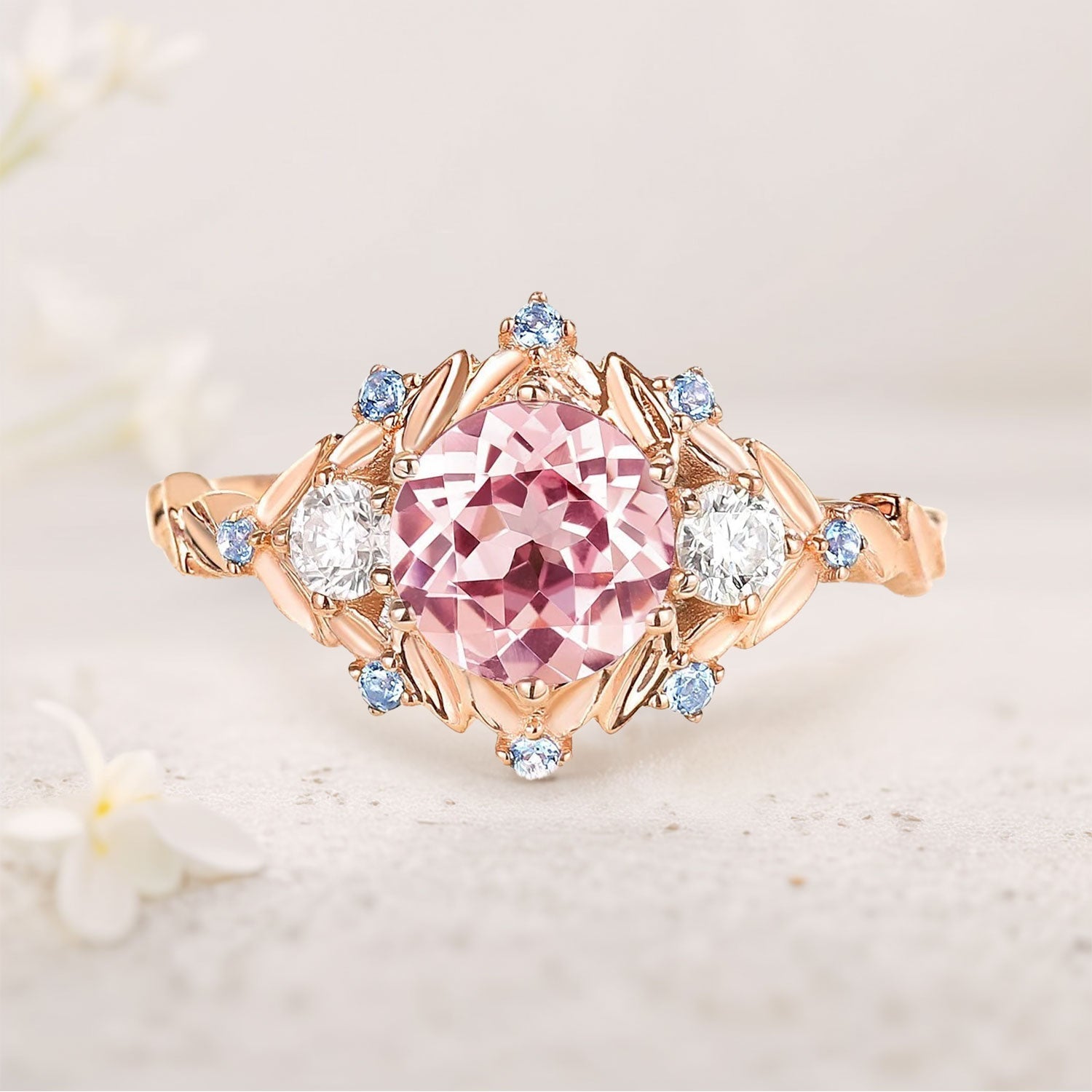 Unique Round Pink Lab Sapphire 18K Yellow Gold engagement ring leaf Wedding Ring
