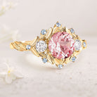 Unique Round Pink Lab Sapphire 18K Yellow Gold engagement ring leaf Wedding Ring