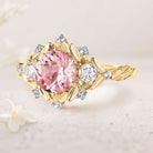Unique Round Pink Lab Sapphire 18K Yellow Gold engagement ring leaf Wedding Ring