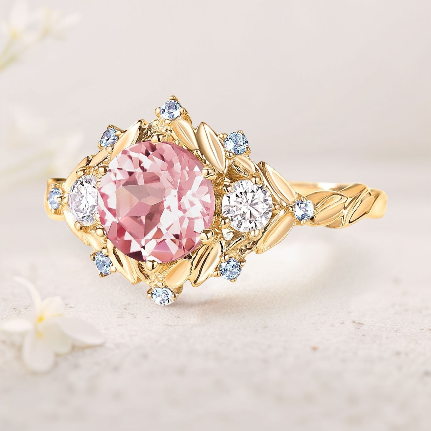 Unique Round Pink Lab Sapphire 18K Yellow Gold engagement ring leaf Wedding Ring