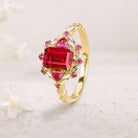Unique floral engagement rings Emerald Cut Lab Ruby 18K Yellow Gold Floral Engagement Ring Ruby Halo Wedding Ring