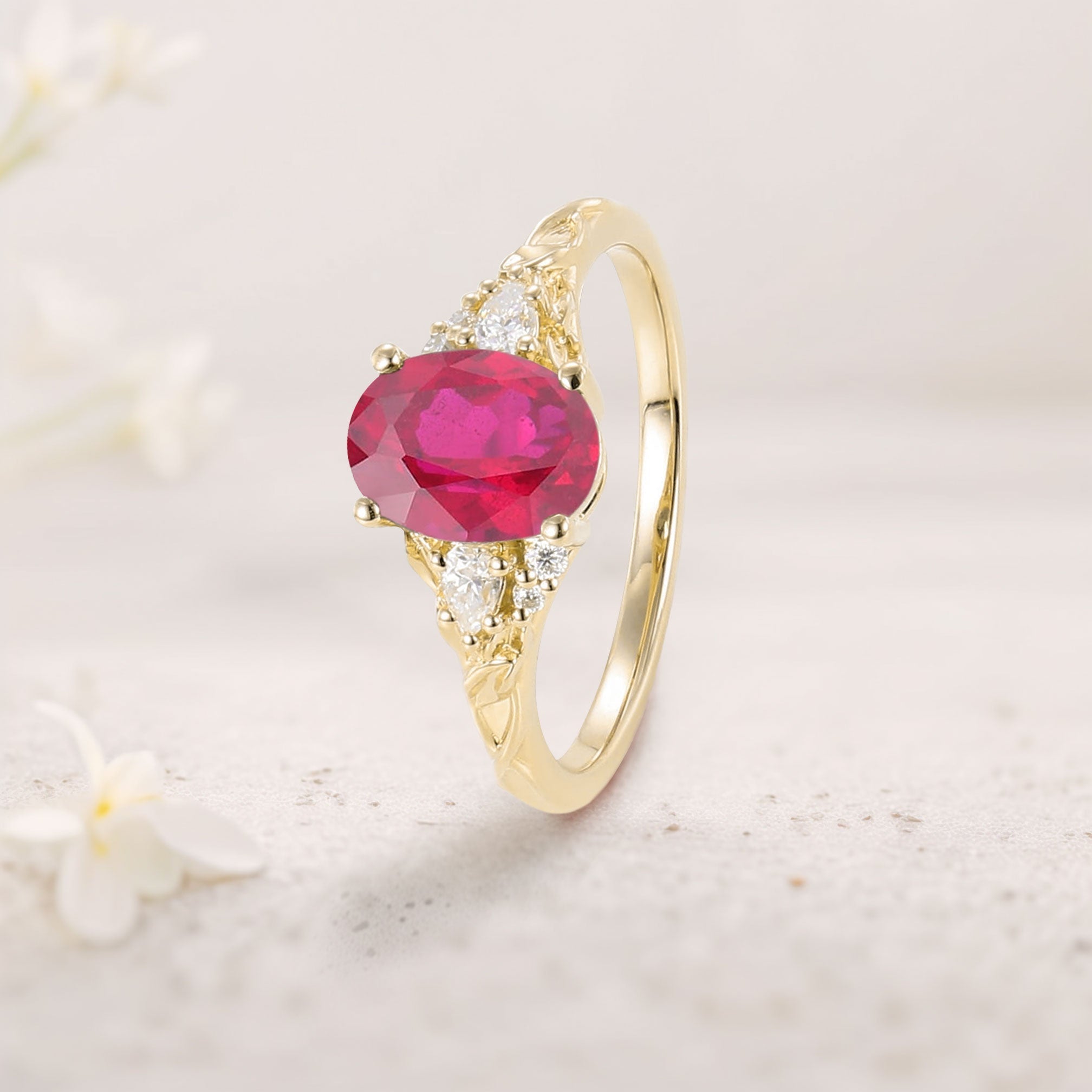 Unique Oval Lab Ruby and Moissanite 18K Yellow Gold Wedding Ring
