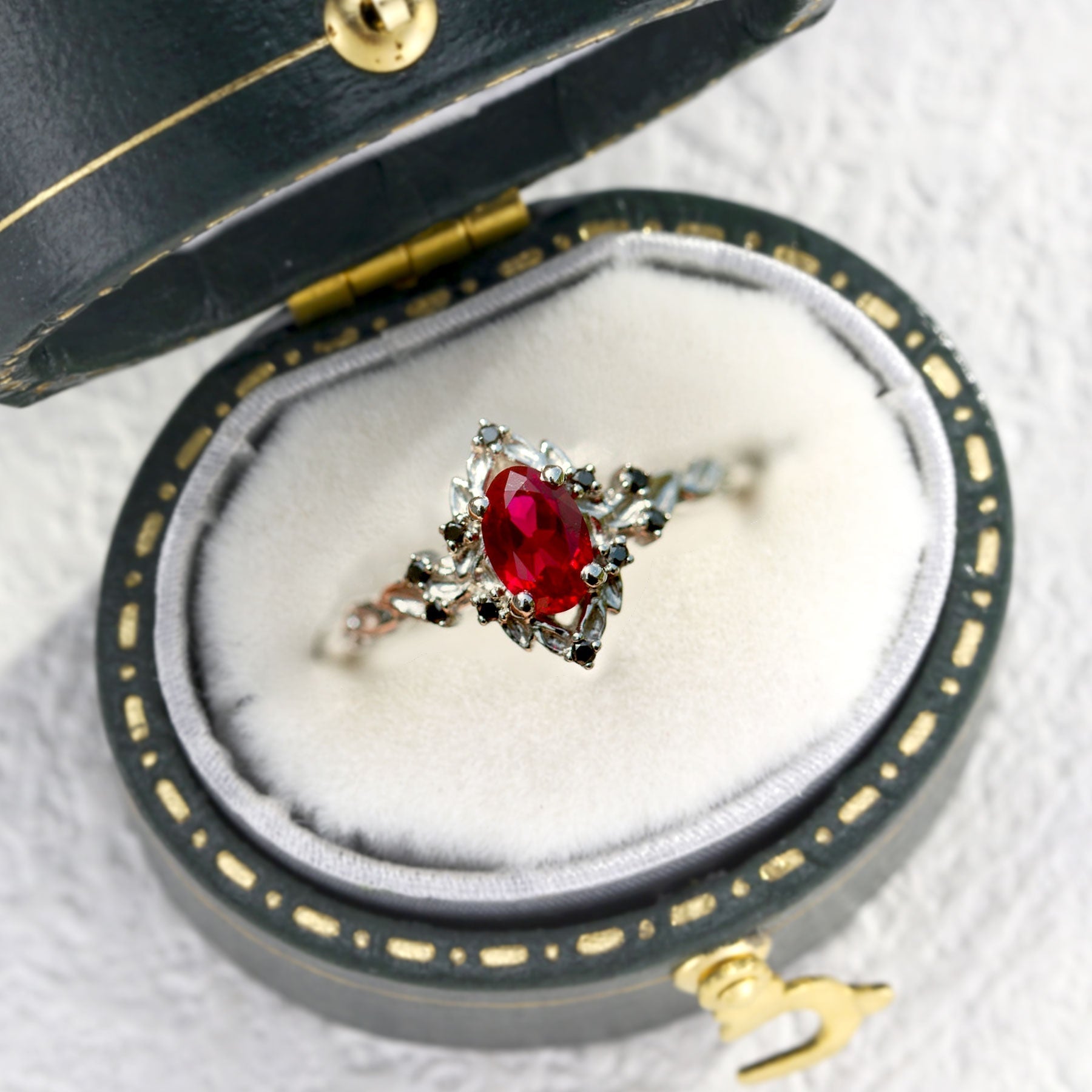 Unique Briar Rose Halo Oval Lab Ruby 18K White Gold Ring