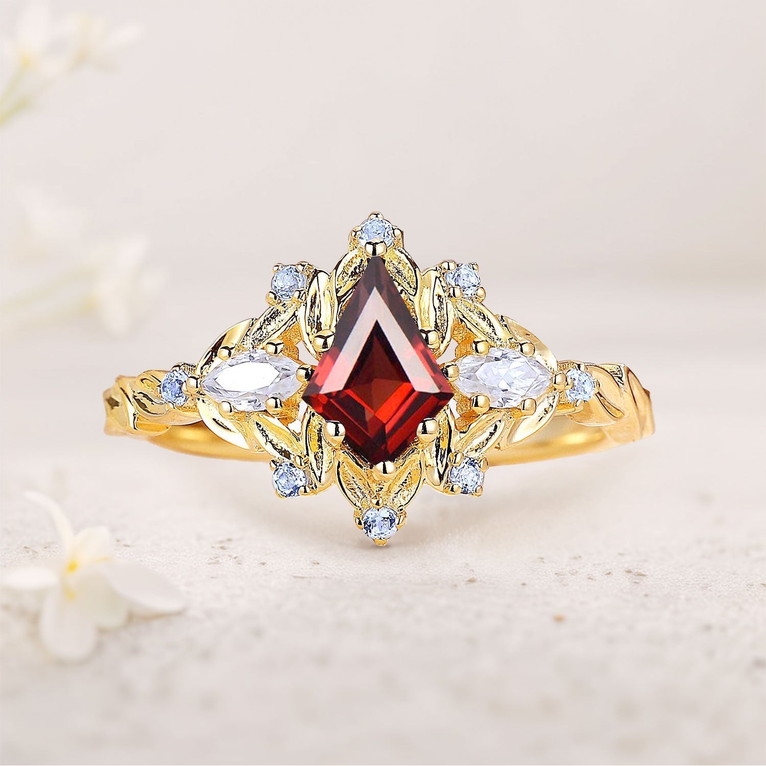 Unique Unique Kite Lab Ruby Floral Engagement Ring Sapphire Halo Women Leaf 18K Yellow Gold Wedding Ring