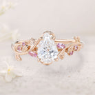Unique floral engagement rings Pear Moissanite and Pink Lab Sapphire 18K Yellow Gold Ring