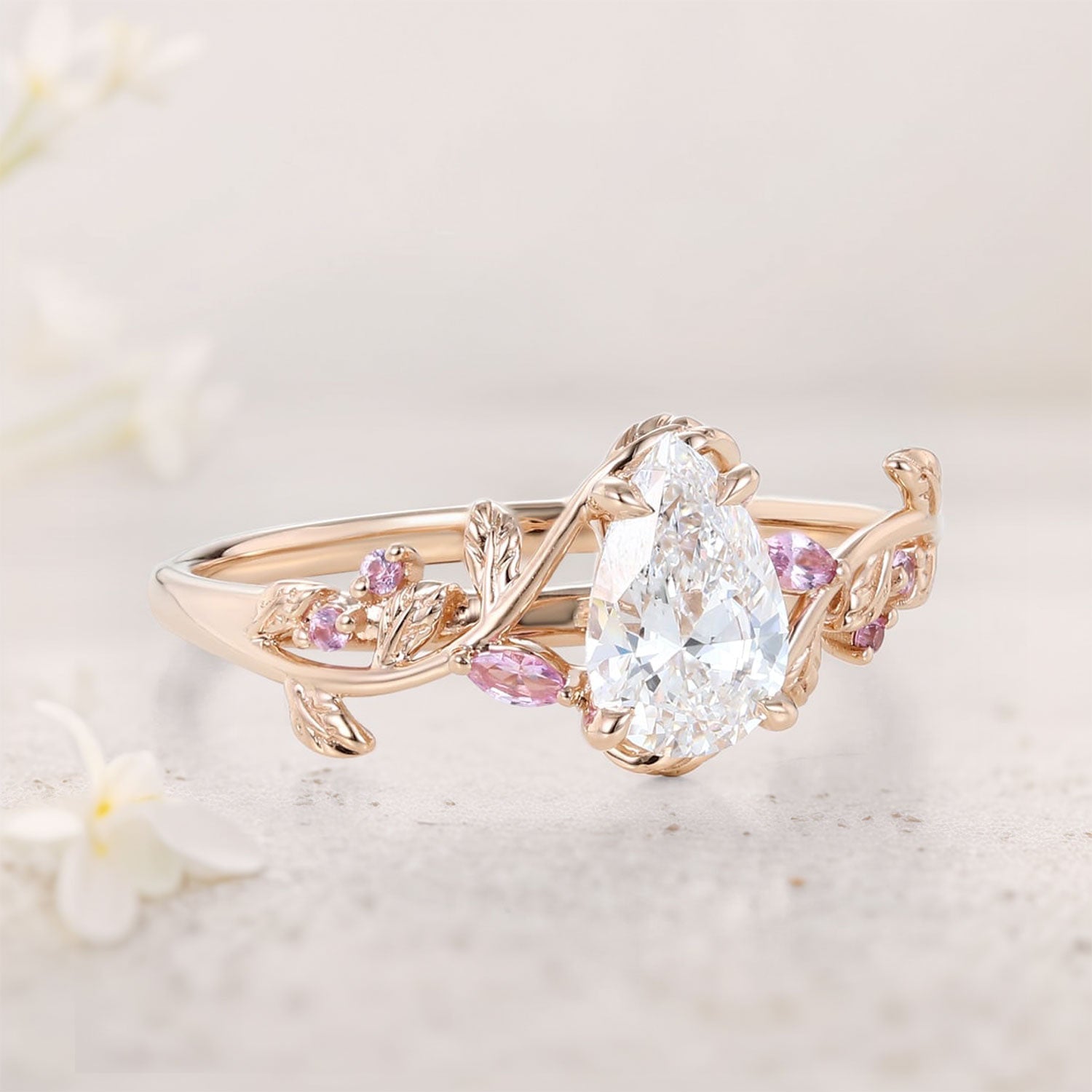 Unique floral engagement rings Pear Moissanite and Pink Lab Sapphire 18K Yellow Gold Ring