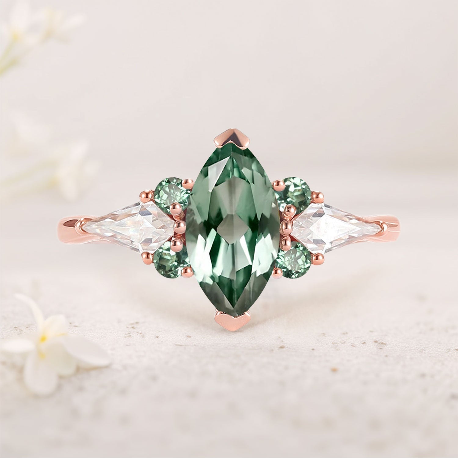 Unique Cluster Marquise Green Lab Sapphire Seven Gemstone 18K Rose Gold Ring