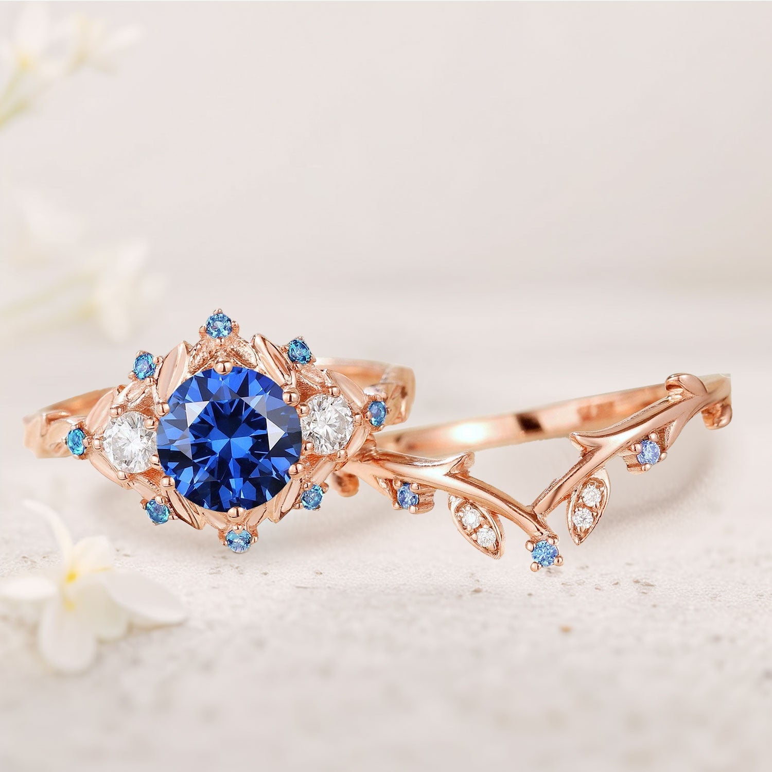 Vintage round cornflower Lab Sapphire engagement ring set Leaf art sapphire cluster 18K Yellow Gold promise ring set