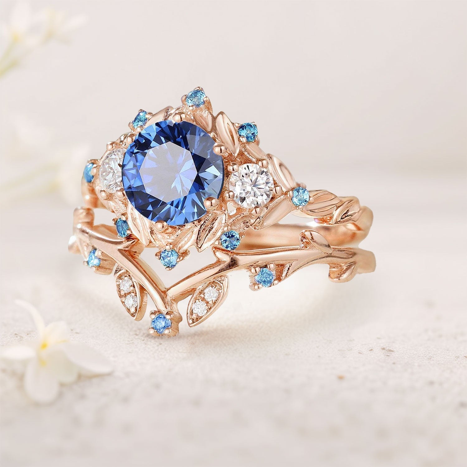 Vintage round cornflower Lab Sapphire engagement ring set Leaf art sapphire cluster 18K Yellow Gold promise ring set