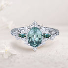 Vintage Briar Rose Oval Green Lab Sapphire and Tear Moissanite 18K White Gold Engagement Ring Vine Ring