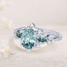 Vintage Briar Rose Oval Green Lab Sapphire and Tear Moissanite 18K White Gold Engagement Ring Vine Ring