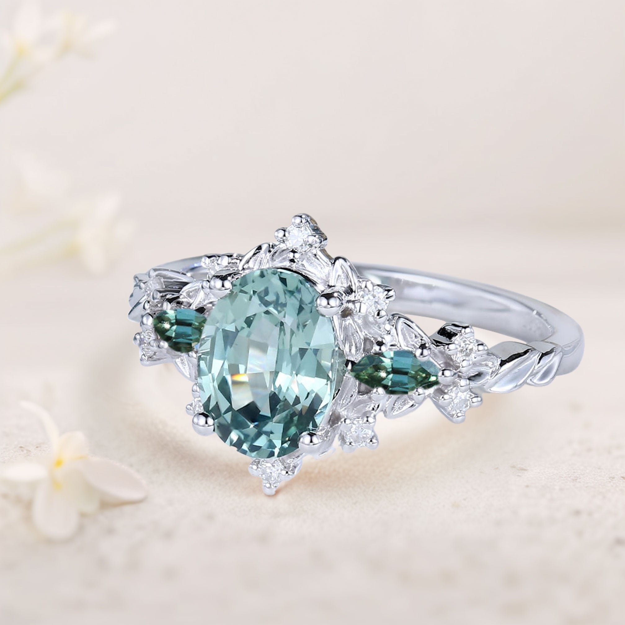 Vintage Briar Rose Oval Green Lab Sapphire and Tear Moissanite 18K White Gold Engagement Ring Vine Ring