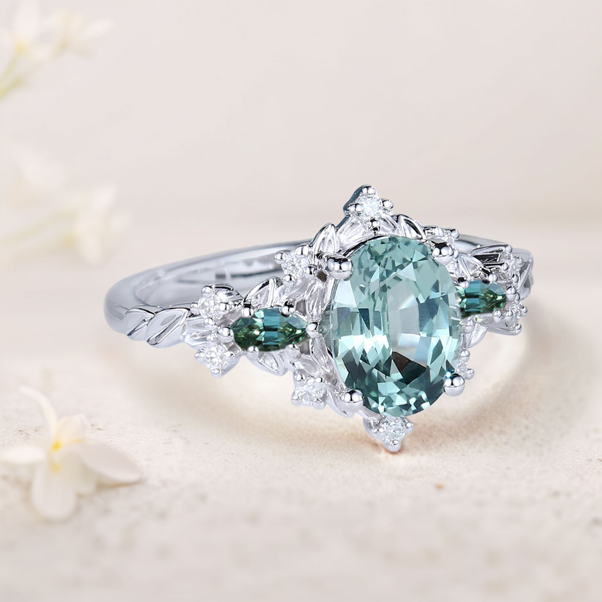Vintage Briar Rose Oval Green Lab Sapphire and Tear Moissanite 18K White Gold Engagement Ring Vine Ring