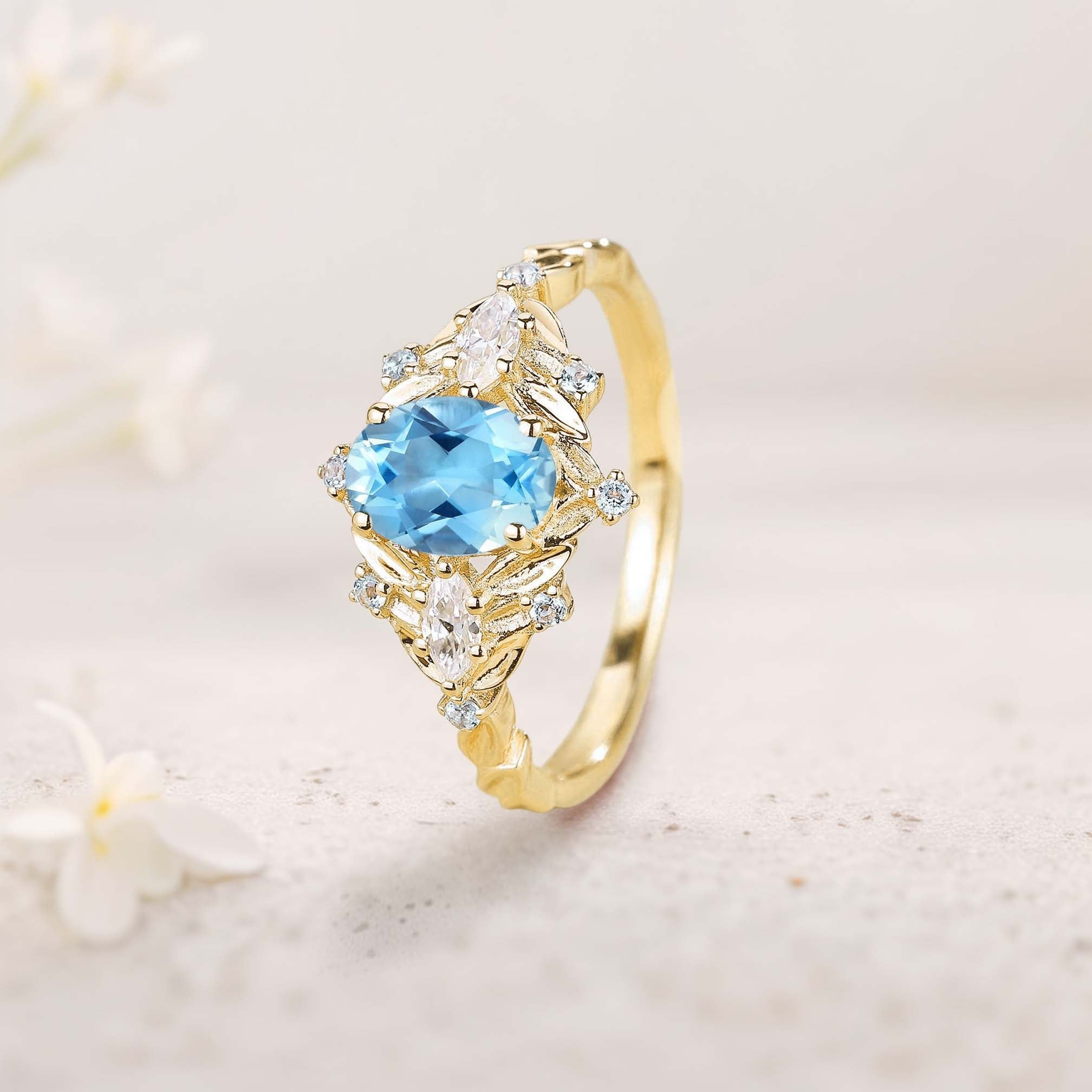 Unique floral engagement rings Oval Blue Lab Topaz Cluster 18K Yellow Gold Wedding Ring Fairy Engagement Ring