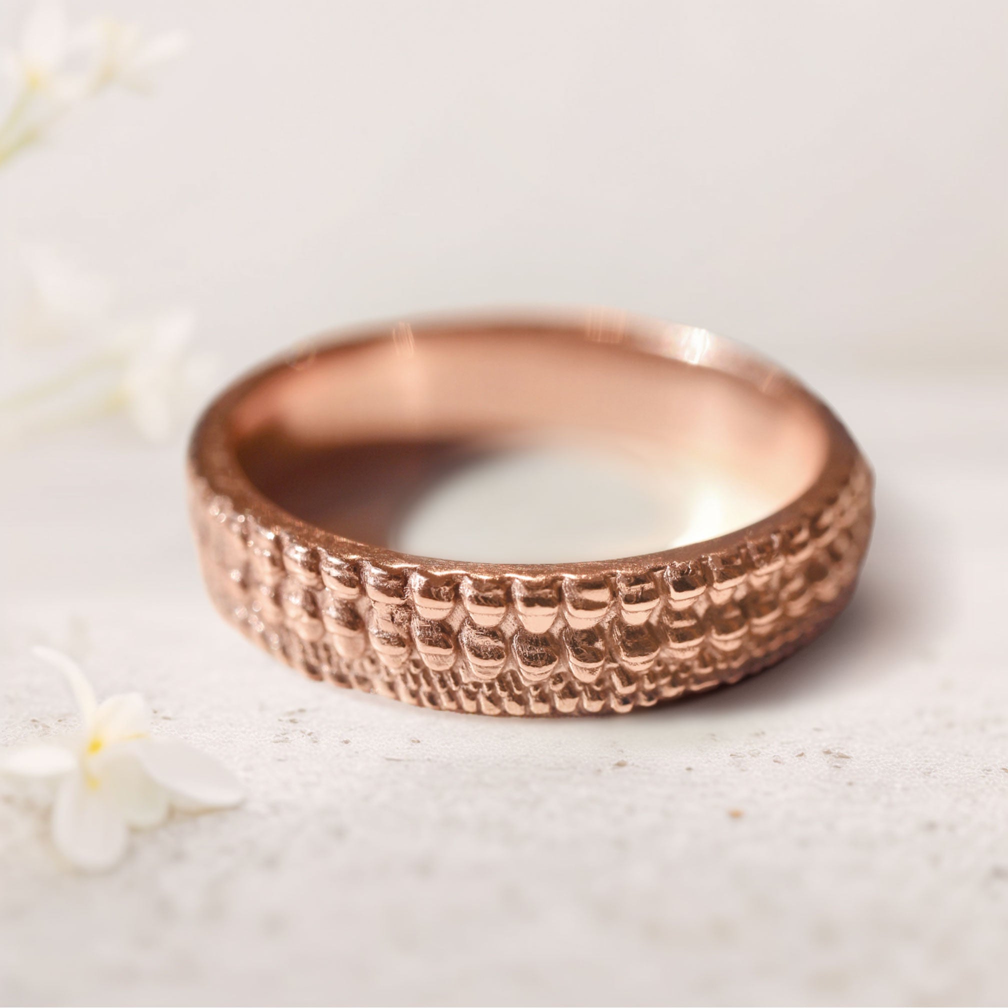 Unique floral engagement 18K Rose Gold rings Textured crocodile's skin ring For Men