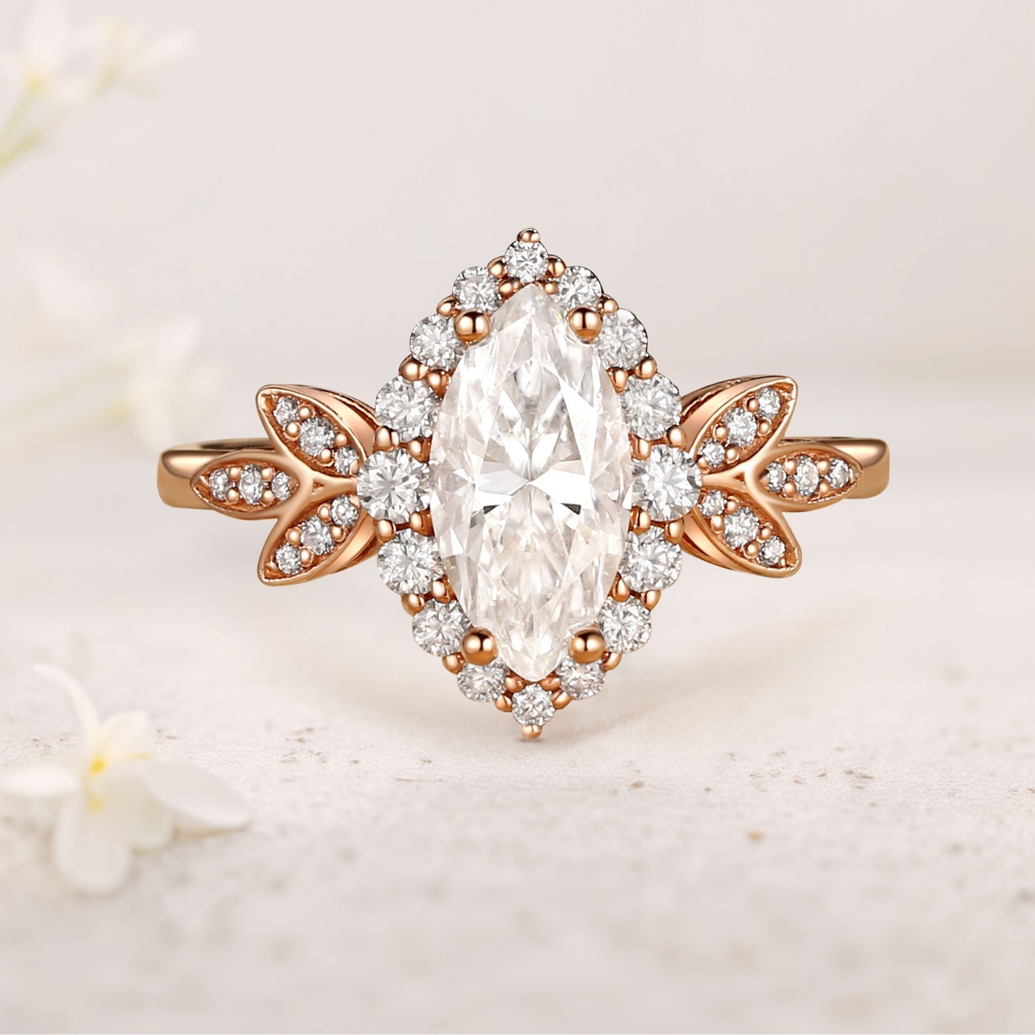 Unique floral engagement rings Marquise Moissanite Butterfly Halo 18K Rose Gold Engagement Ring