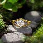 Unique Three Stone Hexagon Moissanite and Lab Sapphire Leaf 18K Yellow Gold Ring