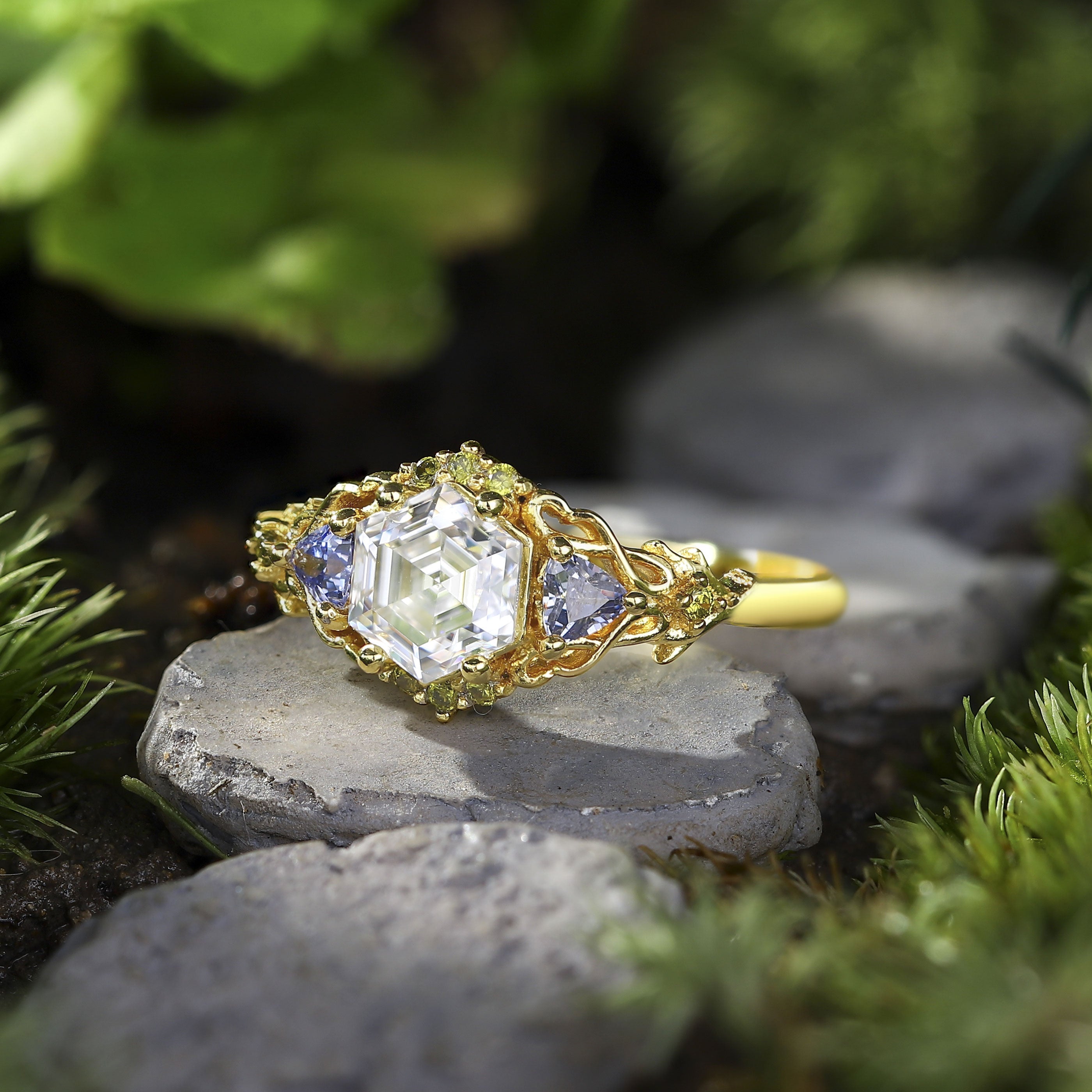 Unique Three Stone Hexagon Moissanite and Lab Sapphire Leaf 18K Yellow Gold Ring