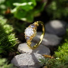 Unique Three Stone Hexagon Moissanite and Lab Sapphire Leaf 18K Yellow Gold Ring