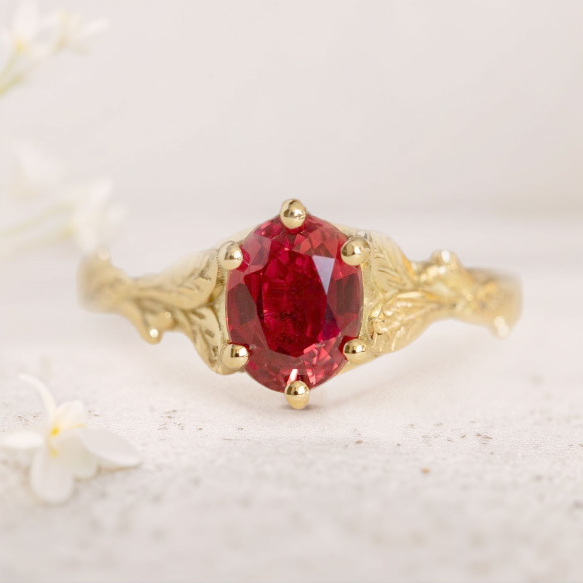 Unique floral engagement rings Oval Ruby with Leaves 18K Yellow Gold Engagement Ring