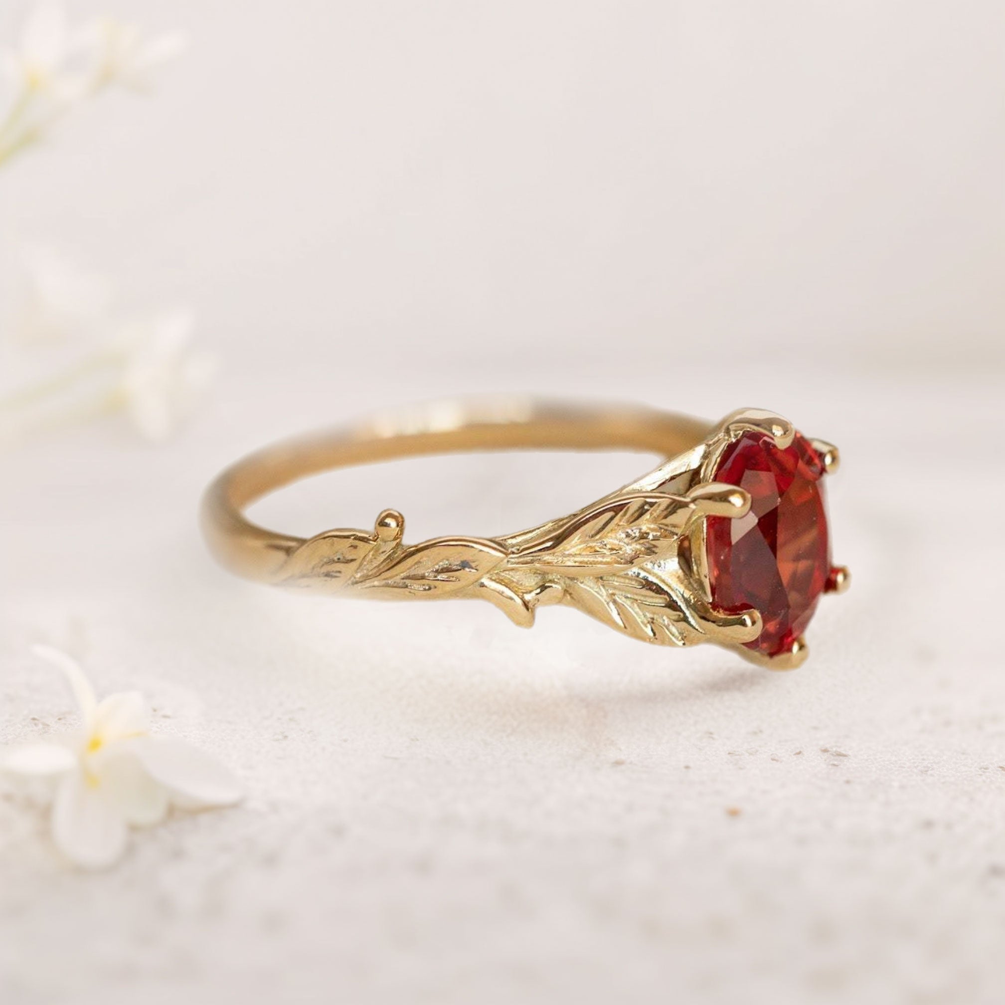 Unique floral engagement rings Oval Ruby with Leaves 18K Yellow Gold Engagement Ring