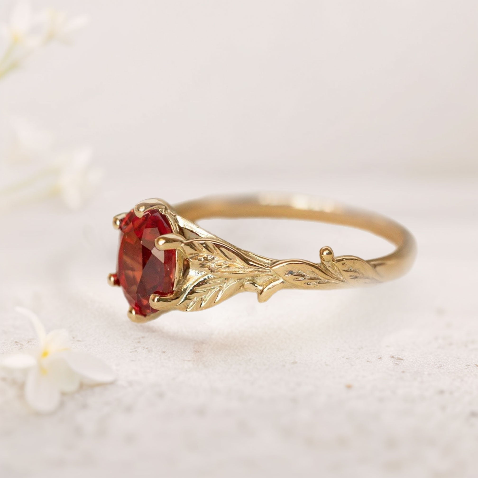 Unique floral engagement rings Oval Ruby with Leaves 18K Yellow Gold Engagement Ring