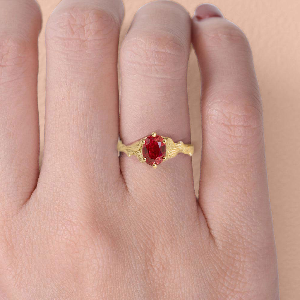 Unique floral engagement rings Oval Ruby with Leaves 18K Yellow Gold Engagement Ring